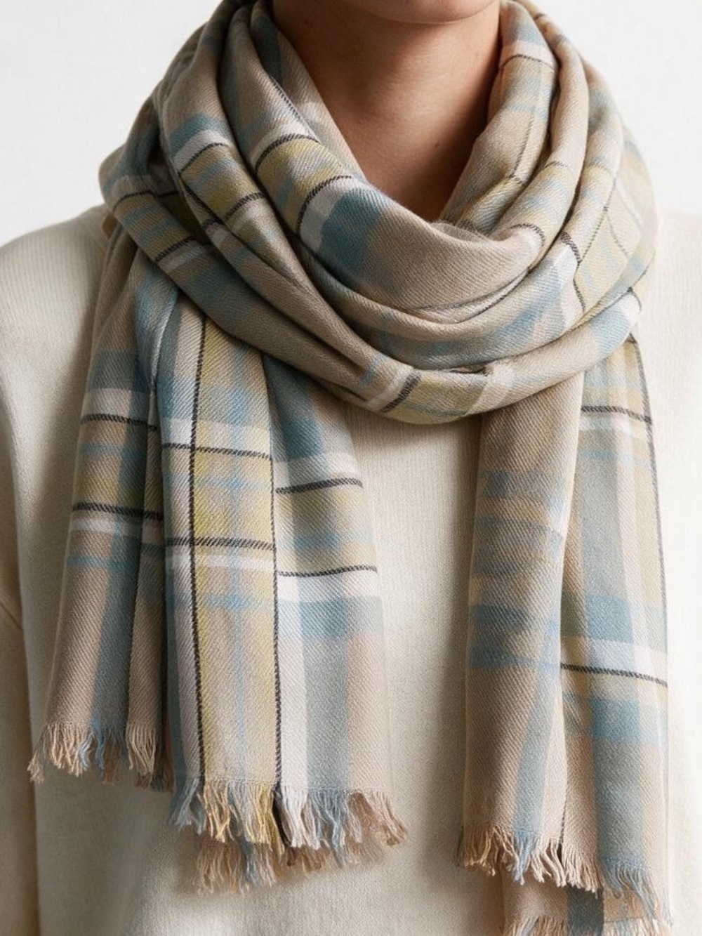 Talbots Plaid Scarf Rayon Cotton Blend Beige Blue Yellow Fringe 72x29